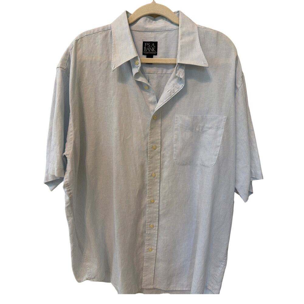 Jos A Bank 100% Linen Shirt Men's Size XL Traveler Collection Blue White Stripe